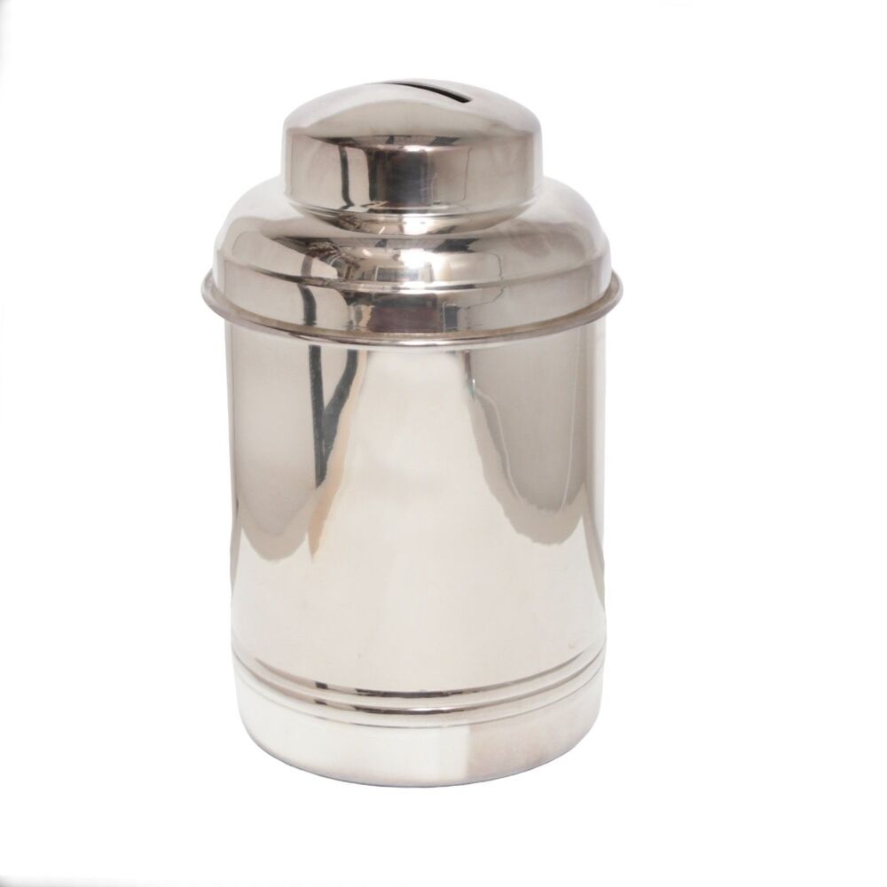 Pottery‎ Barn Silver Coin Canister Boxed Silver Plated Finish Made in India NEW
